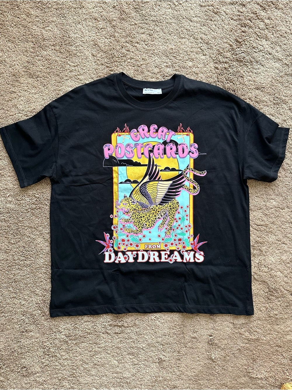 Bershka Black Oversized 'Great Postcards' Graphic Tee